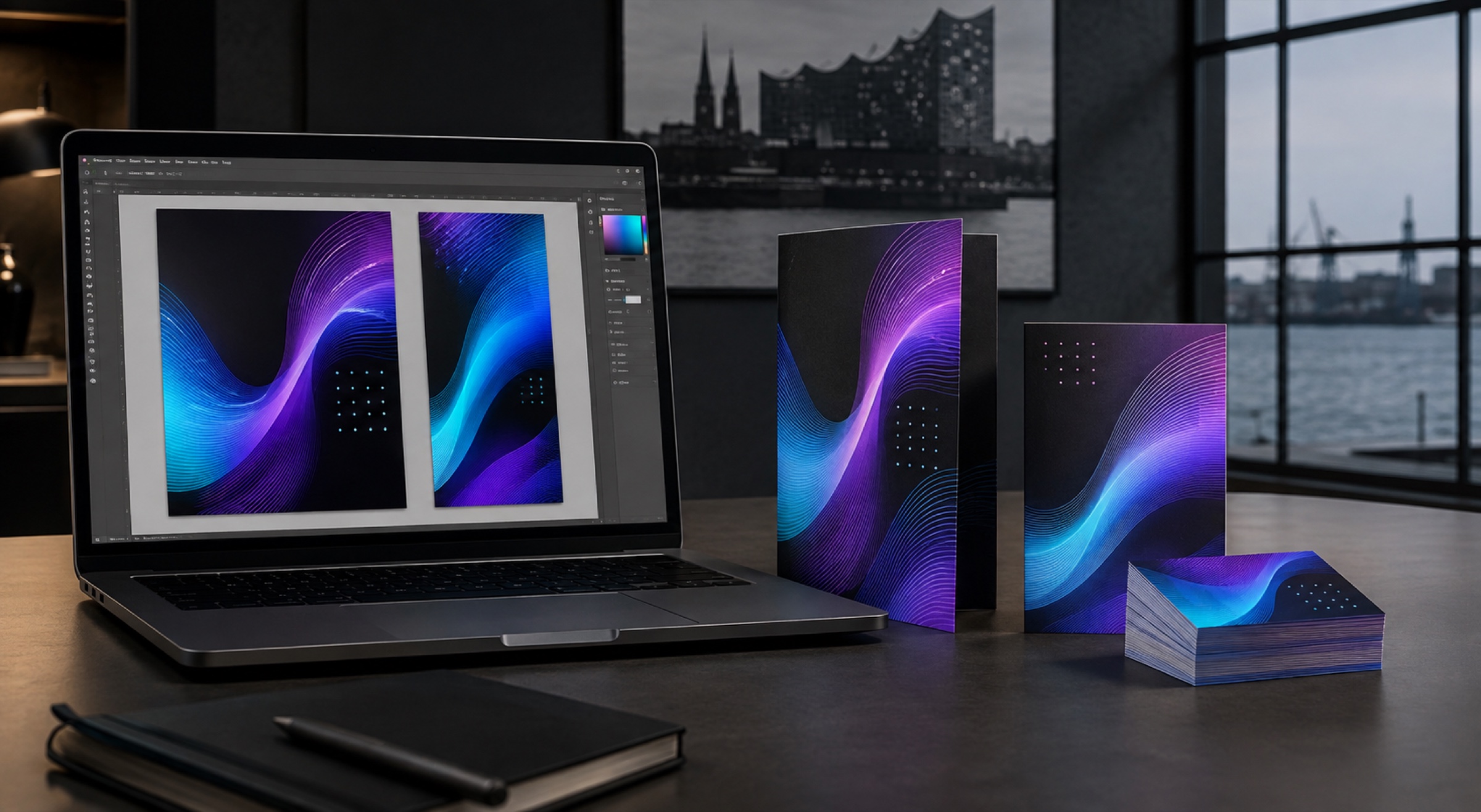 Laptop und passende Druckprodukte als Darstellung des Weges vom Design zum Druck
